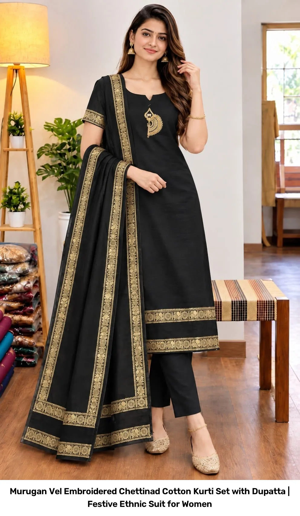 Murugan Vel Embroidered Chettinad Cotton Kurti Set with Dupatta | Festive Ethnic Suit for Women 12