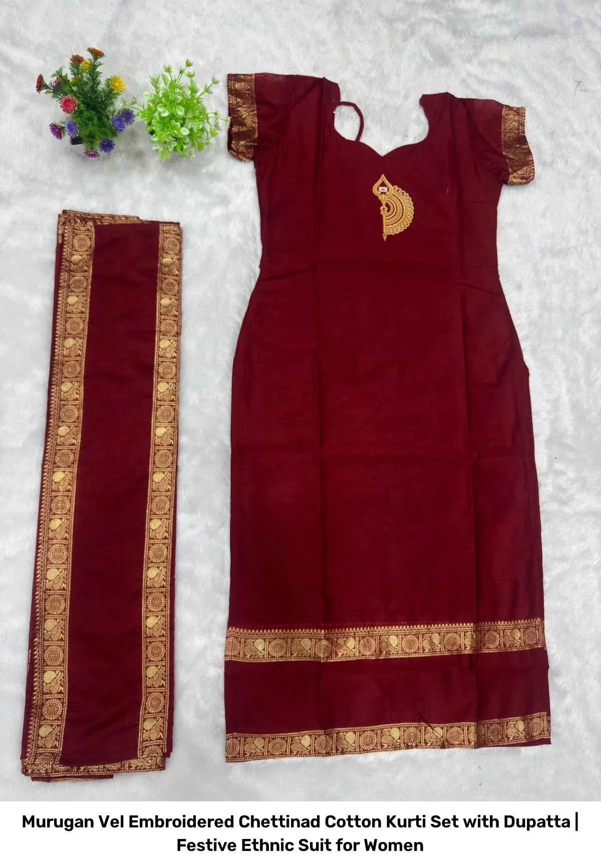 Murugan Vel Embroidered Chettinad Cotton Kurti Set with Dupatta | Festive Ethnic Suit for Women 13
