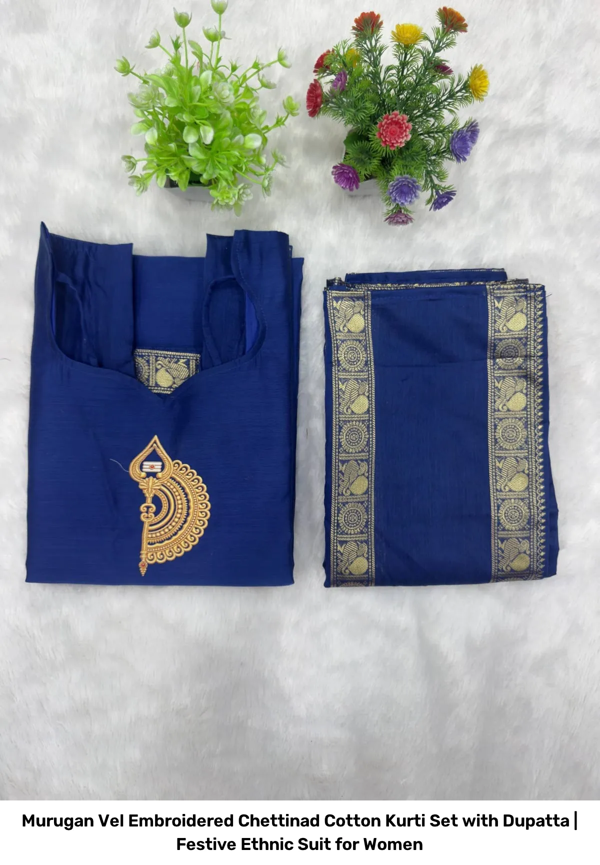 Murugan Vel Embroidered Chettinad Cotton Kurti Set with Dupatta | Festive Ethnic Suit for Women 14