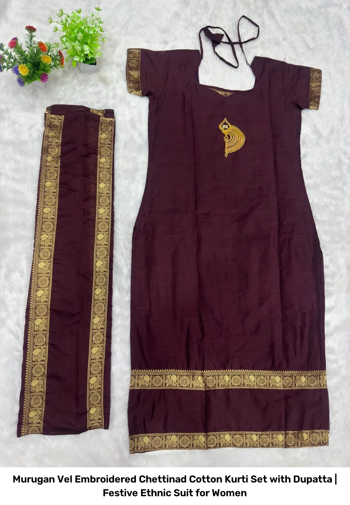 Murugan Vel Embroidered Chettinad Cotton Kurti Set with Dupatta | Festive Ethnic Suit for Women 15