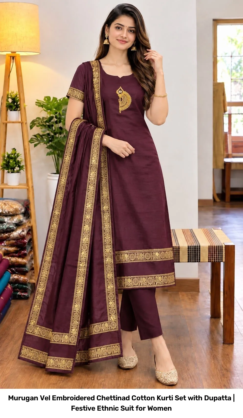 Murugan Vel Embroidered Chettinad Cotton Kurti Set with Dupatta | Festive Ethnic Suit for Women 16