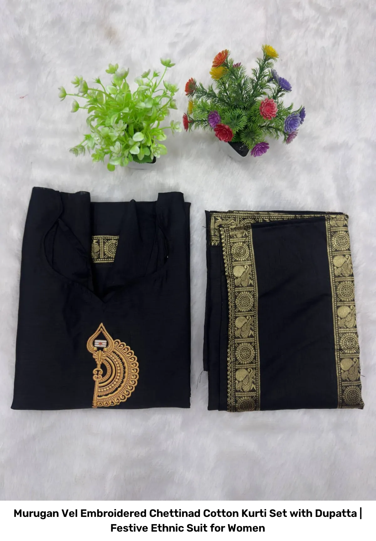 Murugan Vel Embroidered Chettinad Cotton Kurti Set with Dupatta | Festive Ethnic Suit for Women 2