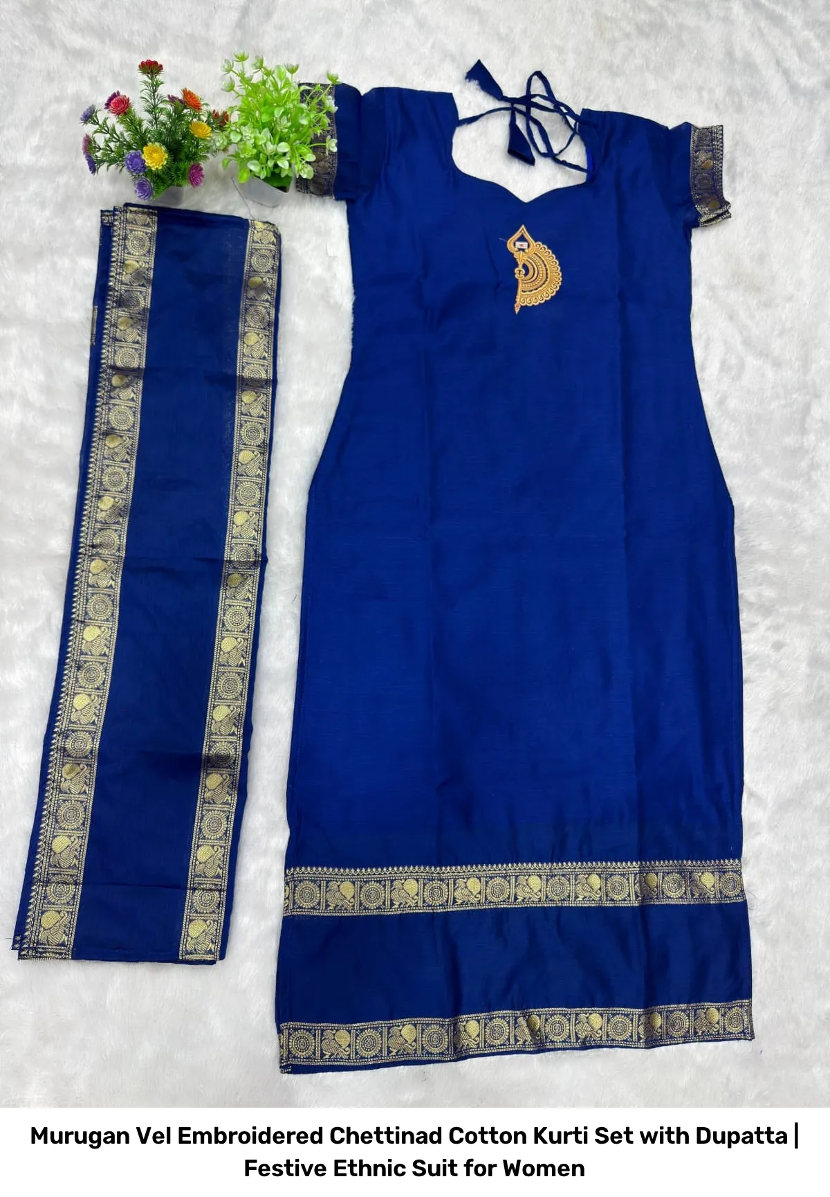Murugan Vel Embroidered Chettinad Cotton Kurti Set with Dupatta | Festive Ethnic Suit for Women 3