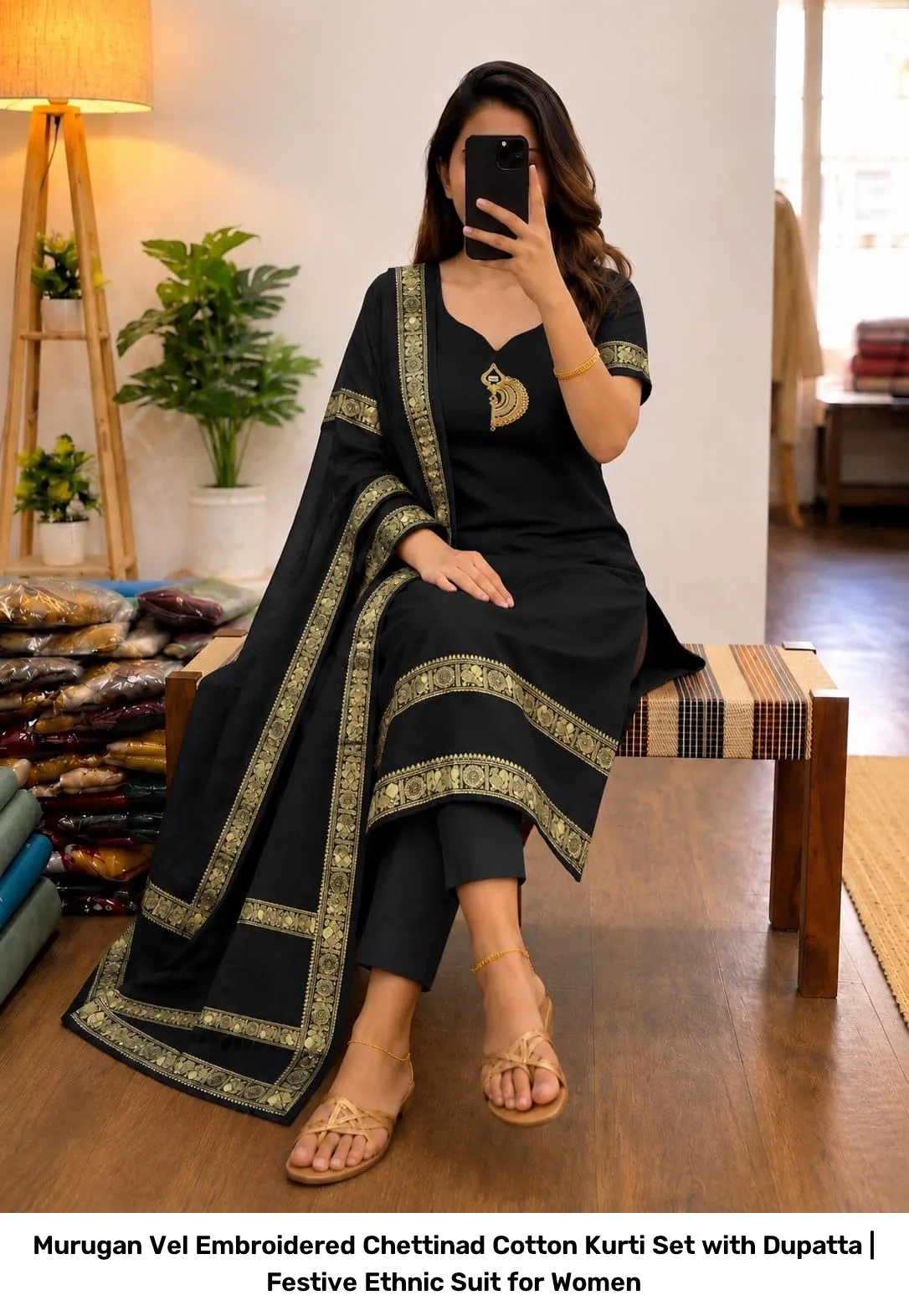 Murugan Vel Embroidered Chettinad Cotton Kurti Set with Dupatta | Festive Ethnic Suit for Women 4
