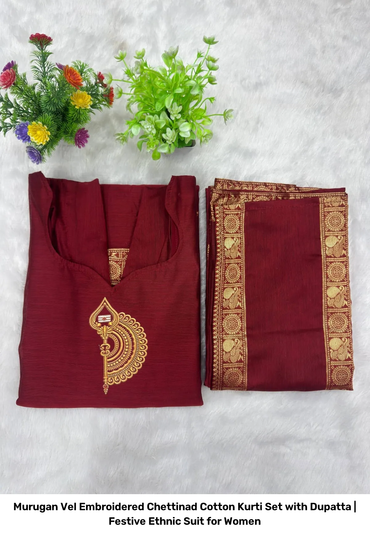 Murugan Vel Embroidered Chettinad Cotton Kurti Set with Dupatta | Festive Ethnic Suit for Women 5