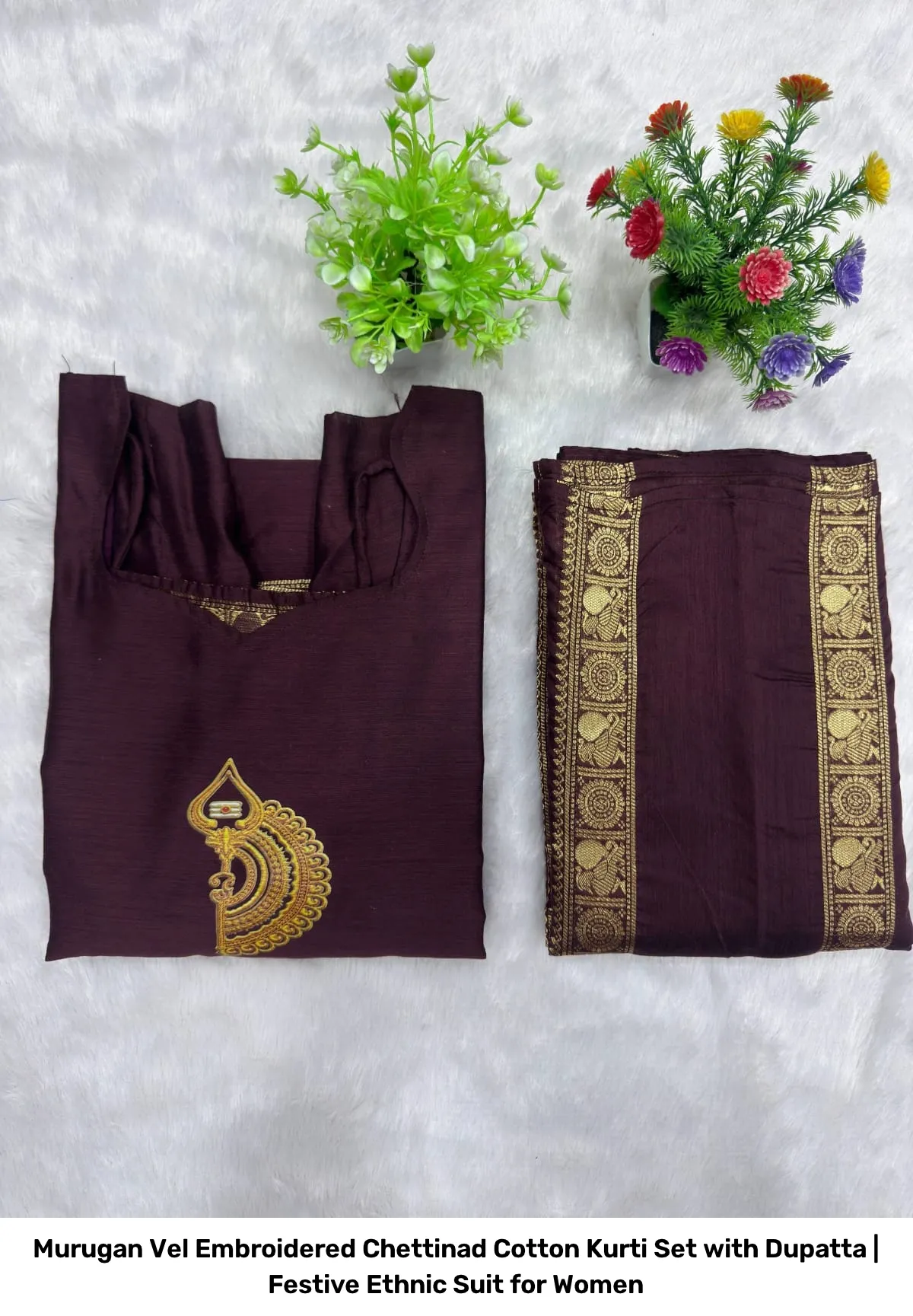Murugan Vel Embroidered Chettinad Cotton Kurti Set with Dupatta | Festive Ethnic Suit for Women 6