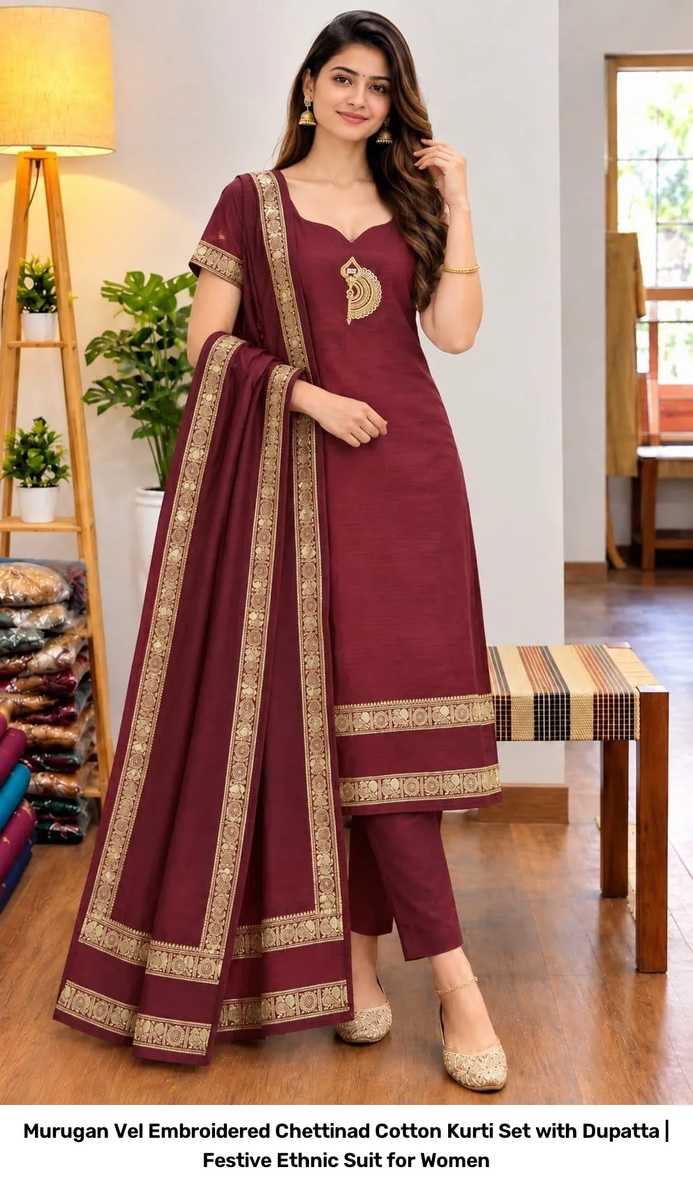 Murugan Vel Embroidered Chettinad Cotton Kurti Set with Dupatta | Festive Ethnic Suit for Women 7