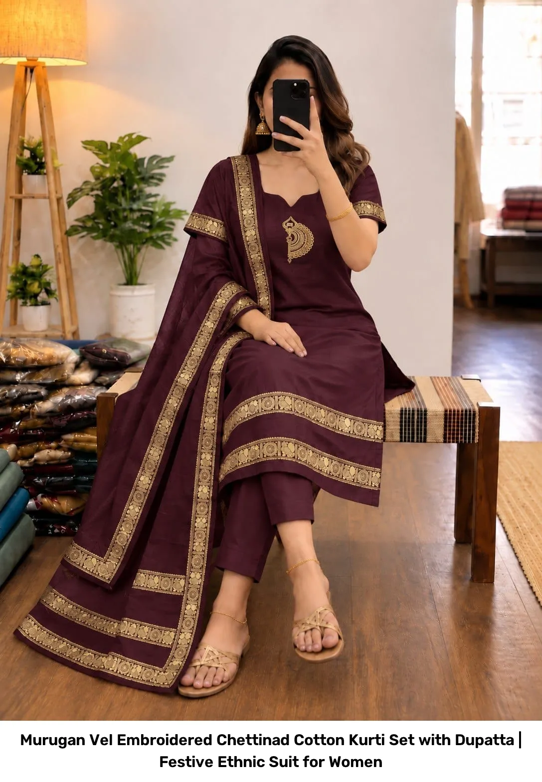 Murugan Vel Embroidered Chettinad Cotton Kurti Set with Dupatta | Festive Ethnic Suit for Women 8