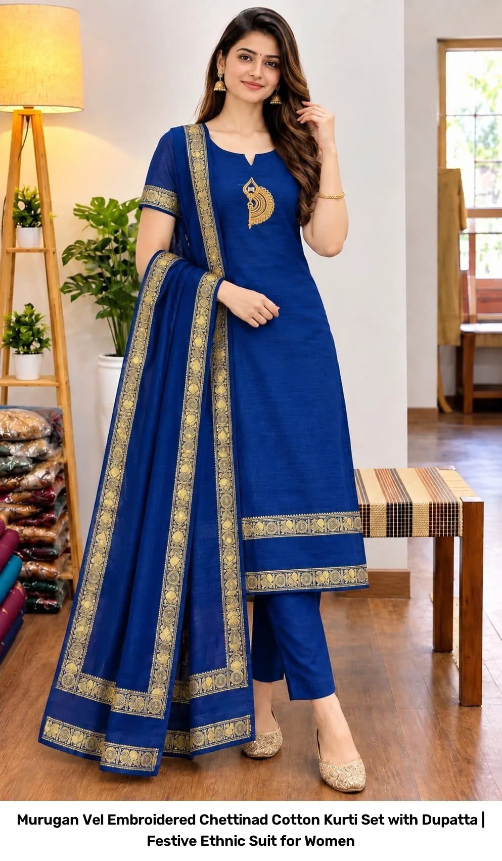 Murugan Vel Embroidered Chettinad Cotton Kurti Set with Dupatta | Festive Ethnic Suit for Women 9