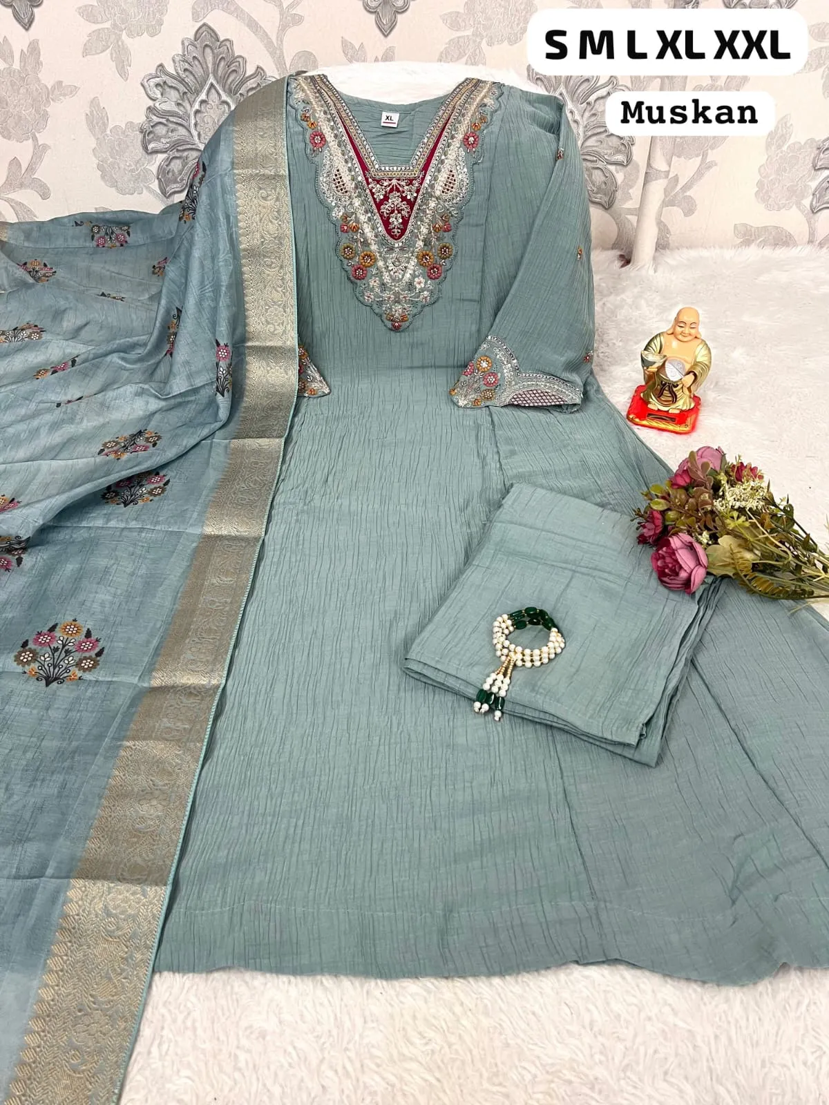 Muskan Crush Silk Kurti Pant Set with Zari Border Dupatta | Heavy Hand Embroidered V-Neck 3-Piece Festive Salwar Suit for Women (S to 3XL)
