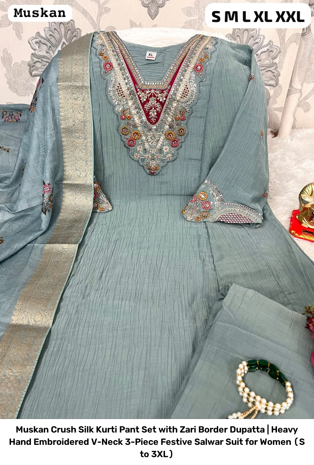 Muskan Crush Silk Kurti Pant Set with Zari Border Dupatta | Heavy Hand Embroidered V-Neck 3-Piece Festive Salwar Suit for Women (S to 3XL) 10
