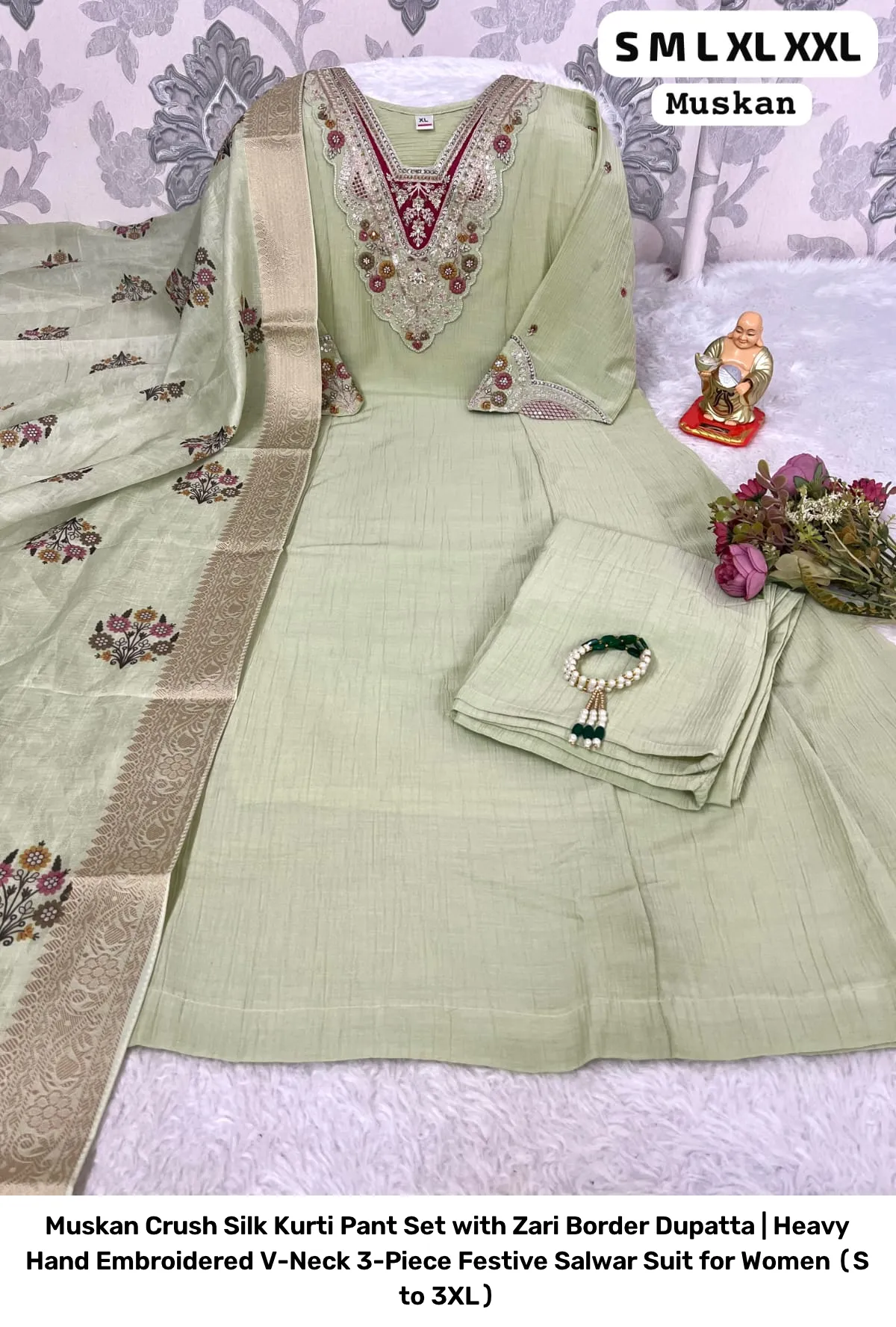 Muskan Crush Silk Kurti Pant Set with Zari Border Dupatta | Heavy Hand Embroidered V-Neck 3-Piece Festive Salwar Suit for Women (S to 3XL) 11