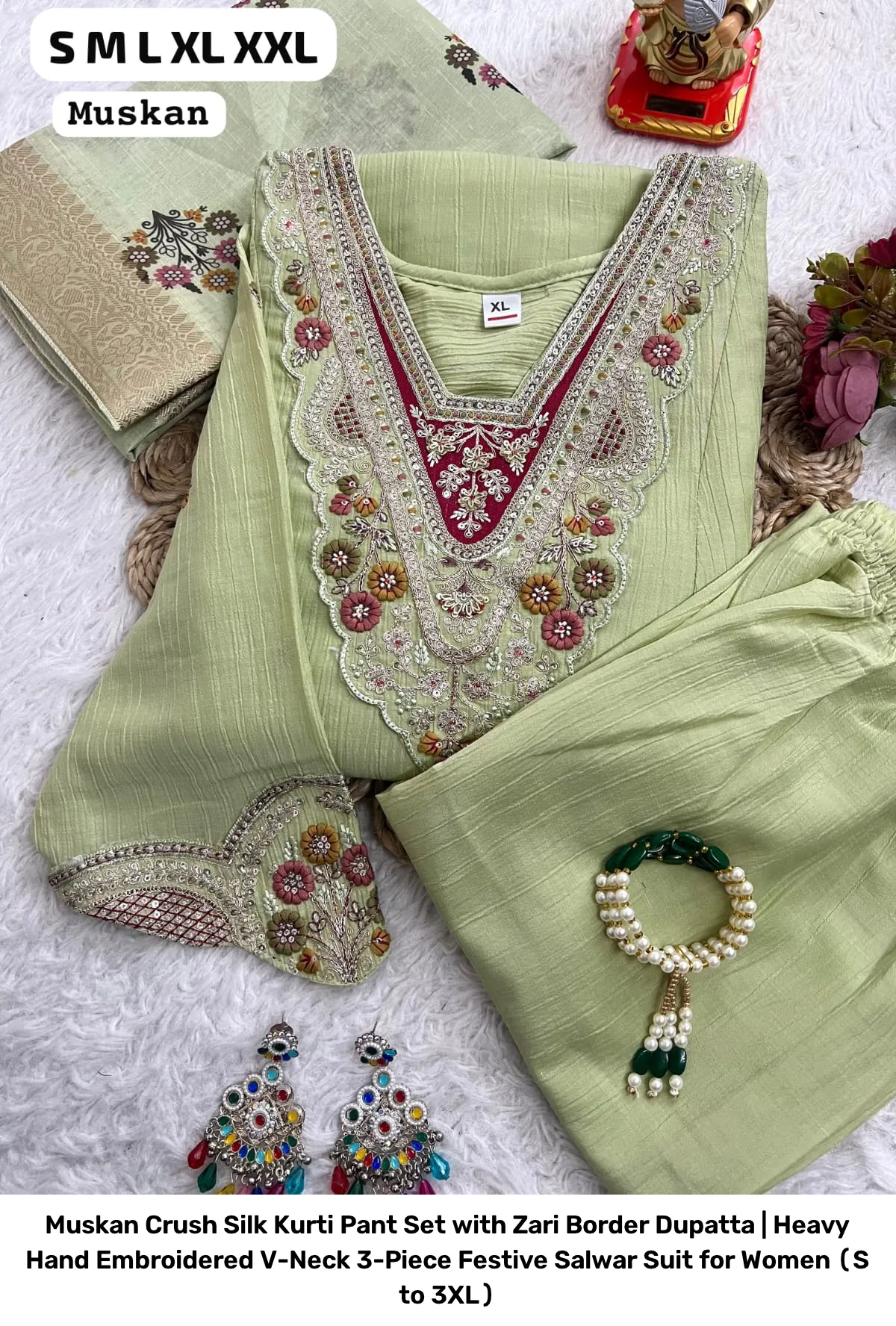 Muskan Crush Silk Kurti Pant Set with Zari Border Dupatta | Heavy Hand Embroidered V-Neck 3-Piece Festive Salwar Suit for Women (S to 3XL) 12
