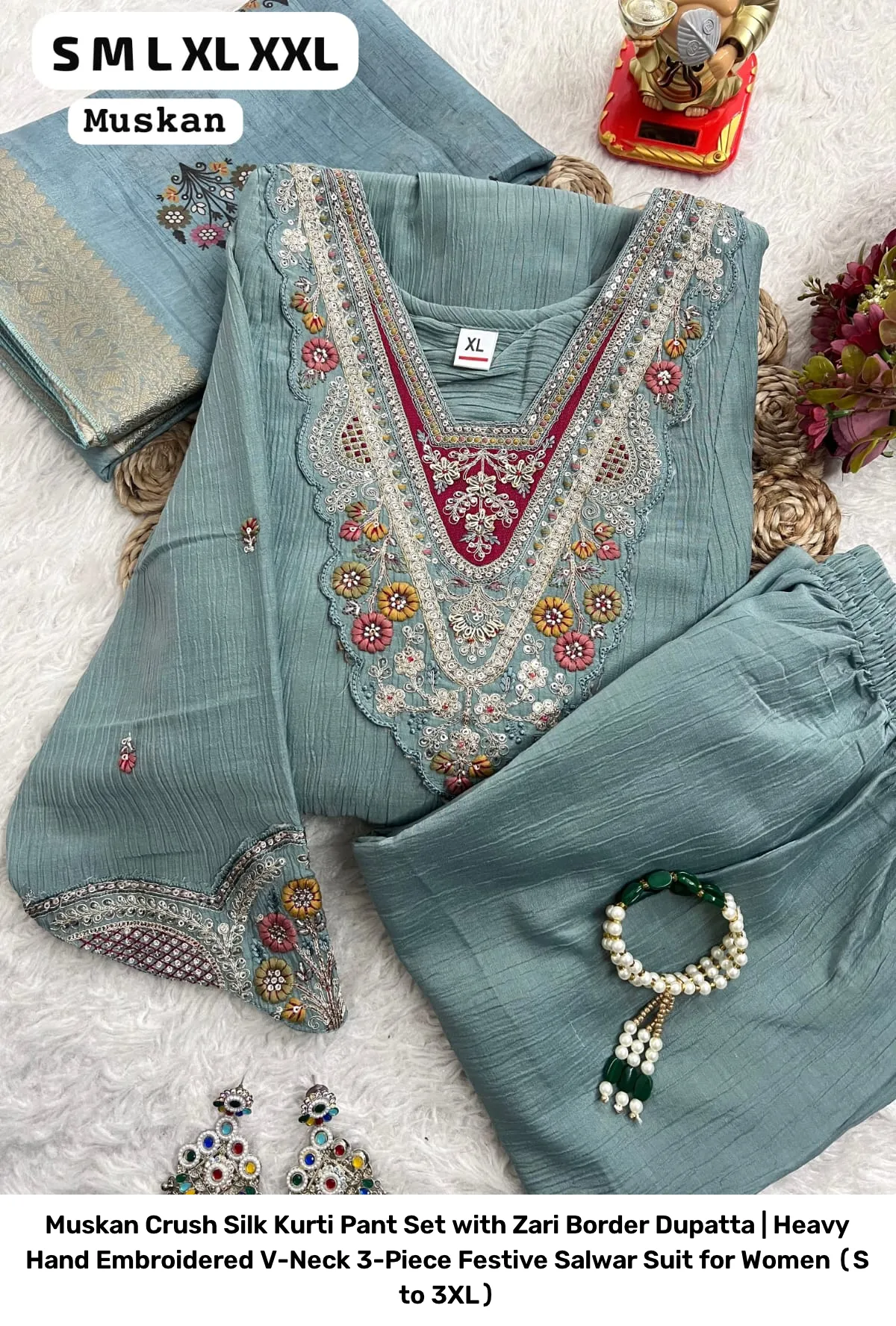 Muskan Crush Silk Kurti Pant Set with Zari Border Dupatta | Heavy Hand Embroidered V-Neck 3-Piece Festive Salwar Suit for Women (S to 3XL) 2