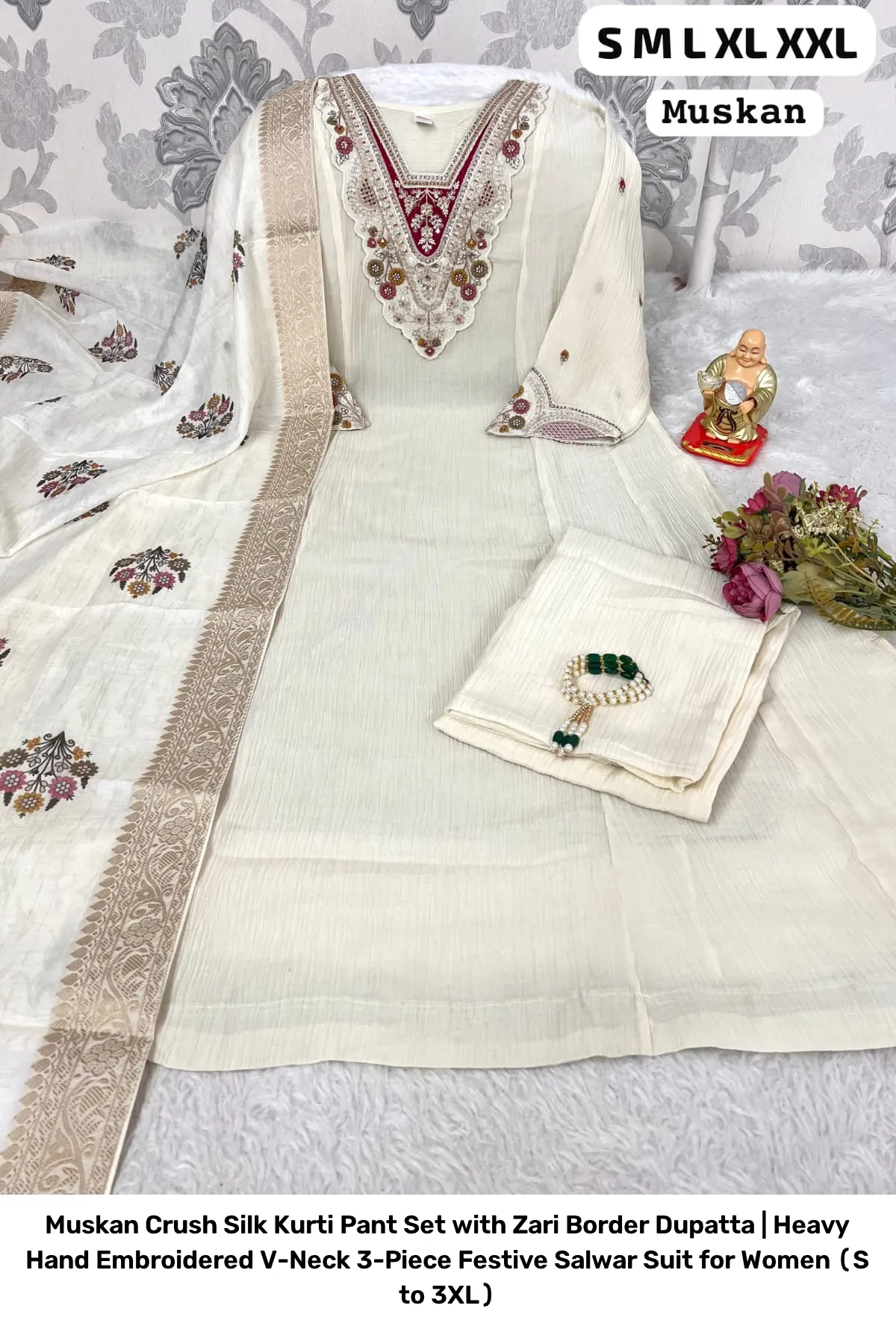 Muskan Crush Silk Kurti Pant Set with Zari Border Dupatta | Heavy Hand Embroidered V-Neck 3-Piece Festive Salwar Suit for Women (S to 3XL) 3