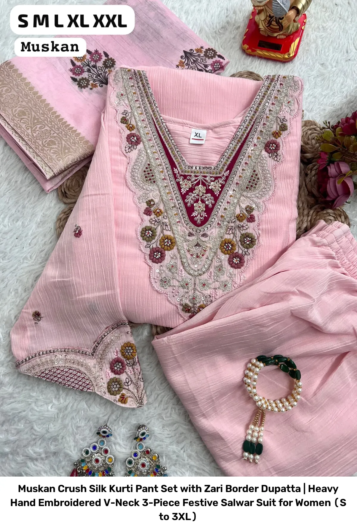 Muskan Crush Silk Kurti Pant Set with Zari Border Dupatta | Heavy Hand Embroidered V-Neck 3-Piece Festive Salwar Suit for Women (S to 3XL) 4