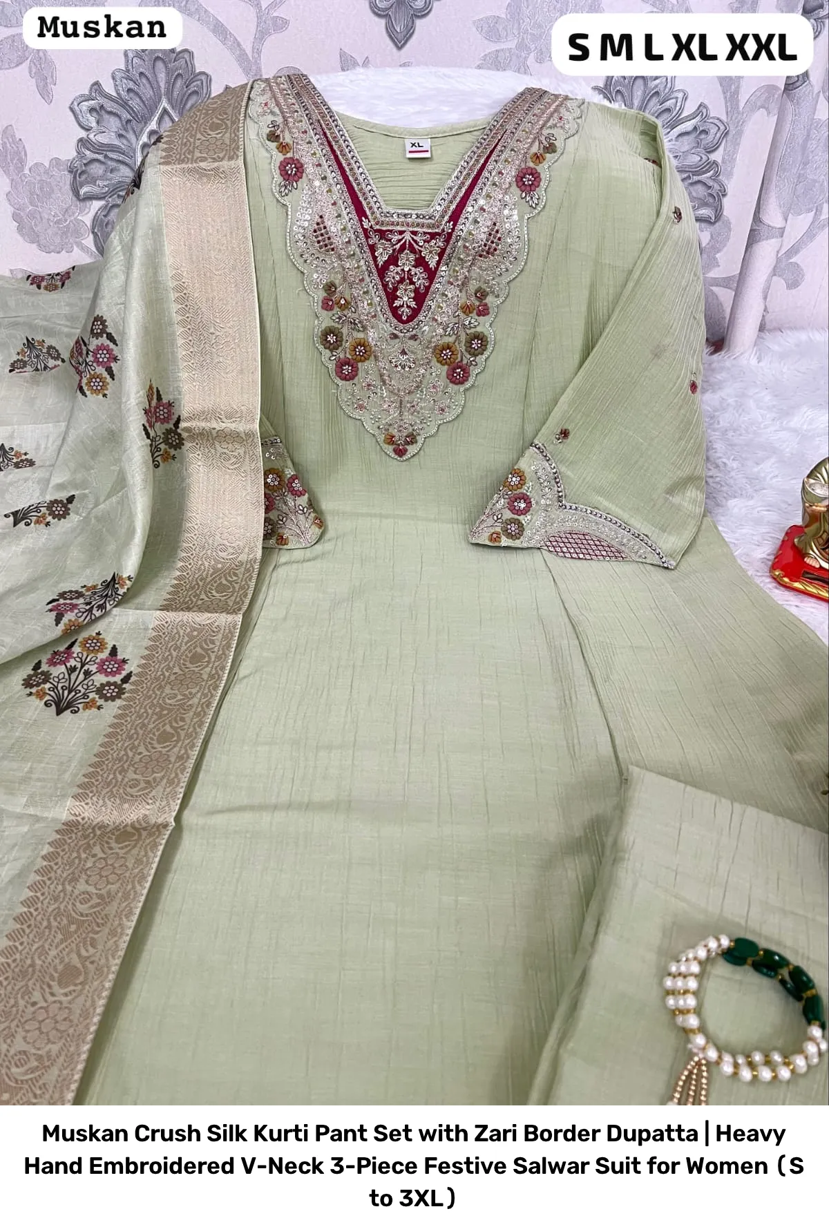 Muskan Crush Silk Kurti Pant Set with Zari Border Dupatta | Heavy Hand Embroidered V-Neck 3-Piece Festive Salwar Suit for Women (S to 3XL) 5