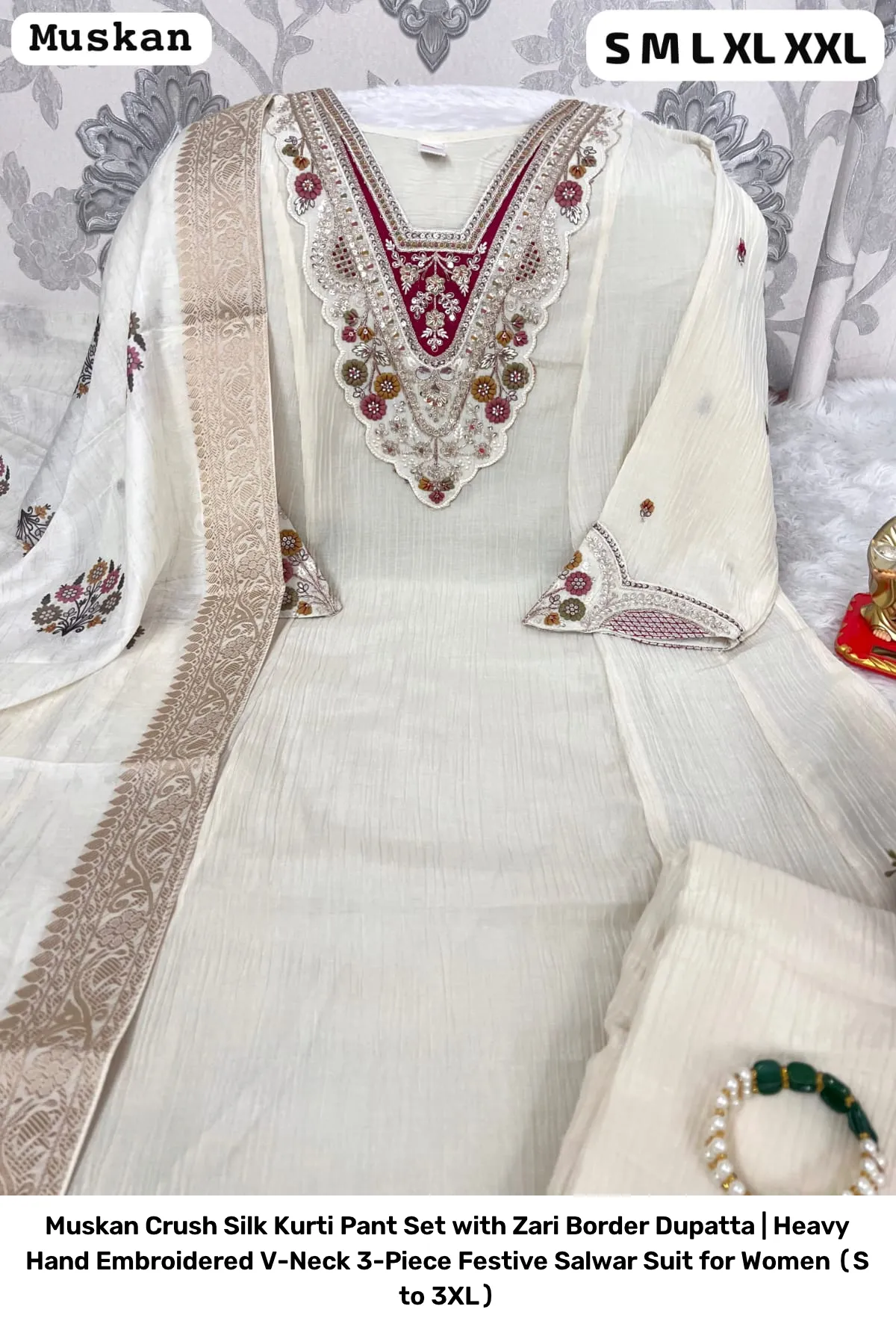 Muskan Crush Silk Kurti Pant Set with Zari Border Dupatta | Heavy Hand Embroidered V-Neck 3-Piece Festive Salwar Suit for Women (S to 3XL) 6