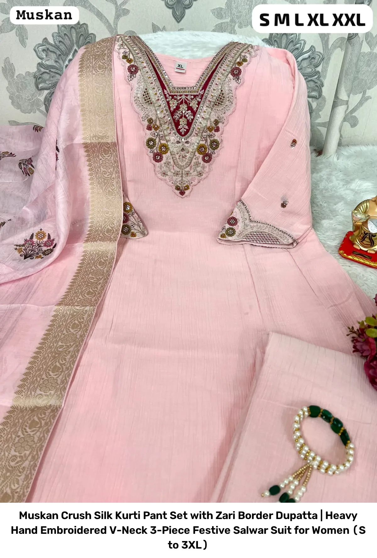 Muskan Crush Silk Kurti Pant Set with Zari Border Dupatta | Heavy Hand Embroidered V-Neck 3-Piece Festive Salwar Suit for Women (S to 3XL) 7