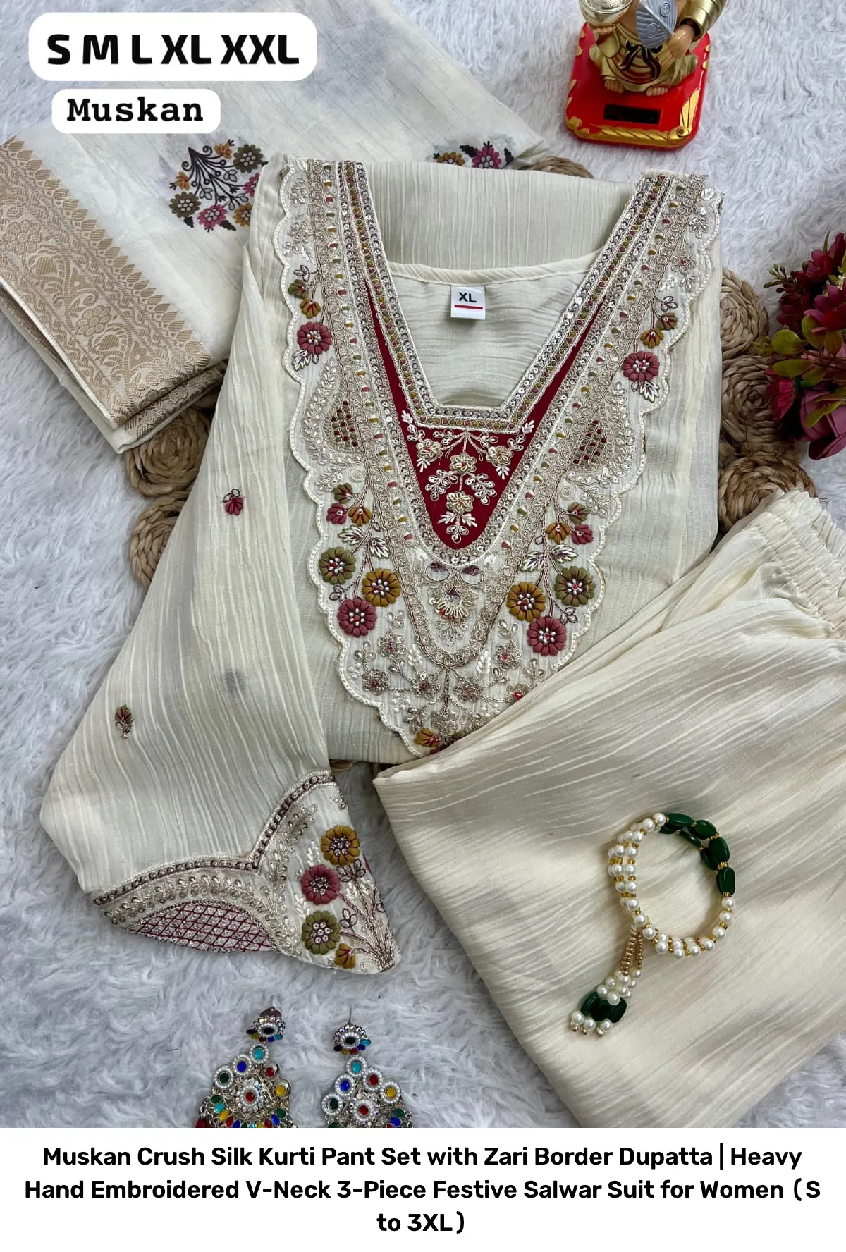 Muskan Crush Silk Kurti Pant Set with Zari Border Dupatta | Heavy Hand Embroidered V-Neck 3-Piece Festive Salwar Suit for Women (S to 3XL) 8
