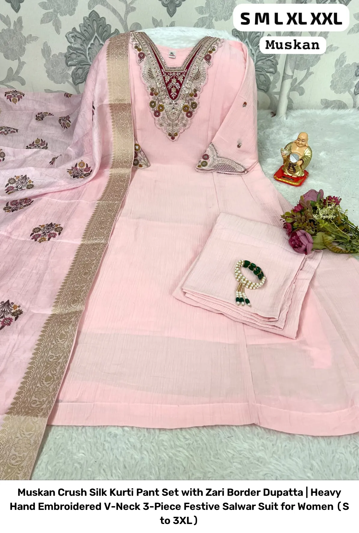 Muskan Crush Silk Kurti Pant Set with Zari Border Dupatta | Heavy Hand Embroidered V-Neck 3-Piece Festive Salwar Suit for Women (S to 3XL) 9