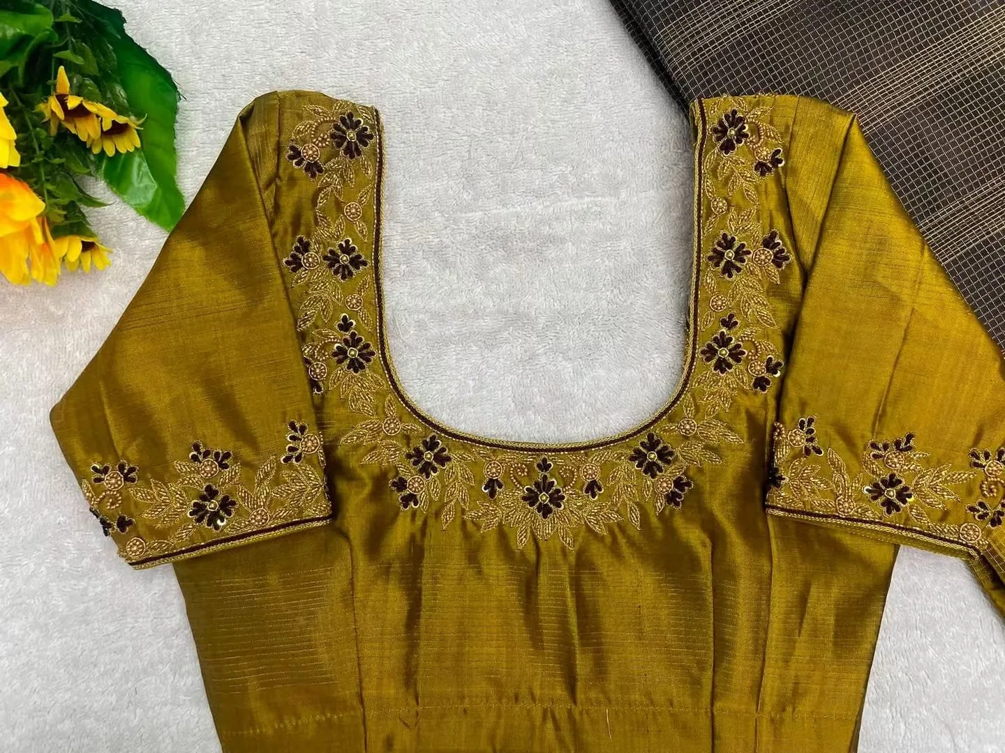 Mustard Gold Designer Maggam Work Blouse | Square Neck & Hand-Embroidered Saree Blouse 1