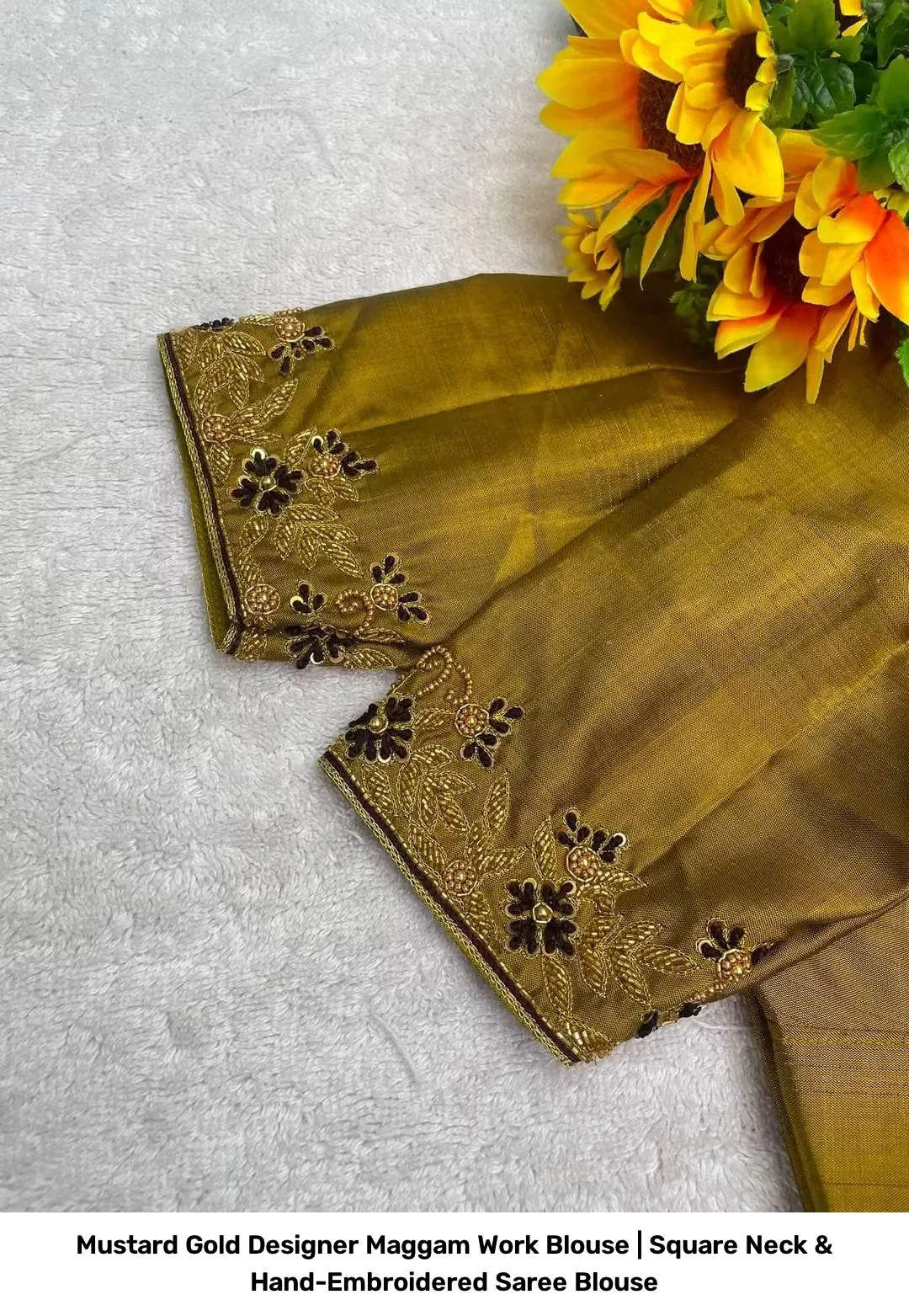 Mustard Gold Designer Maggam Work Blouse | Square Neck & Hand-Embroidered Saree Blouse 2