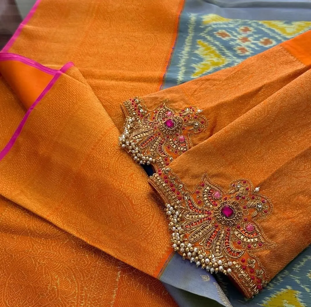Mustard Orange Silk Maggam Work Blouse | Hand Embroidered Zardozi & Pearl Cutwork Bridal Blouse