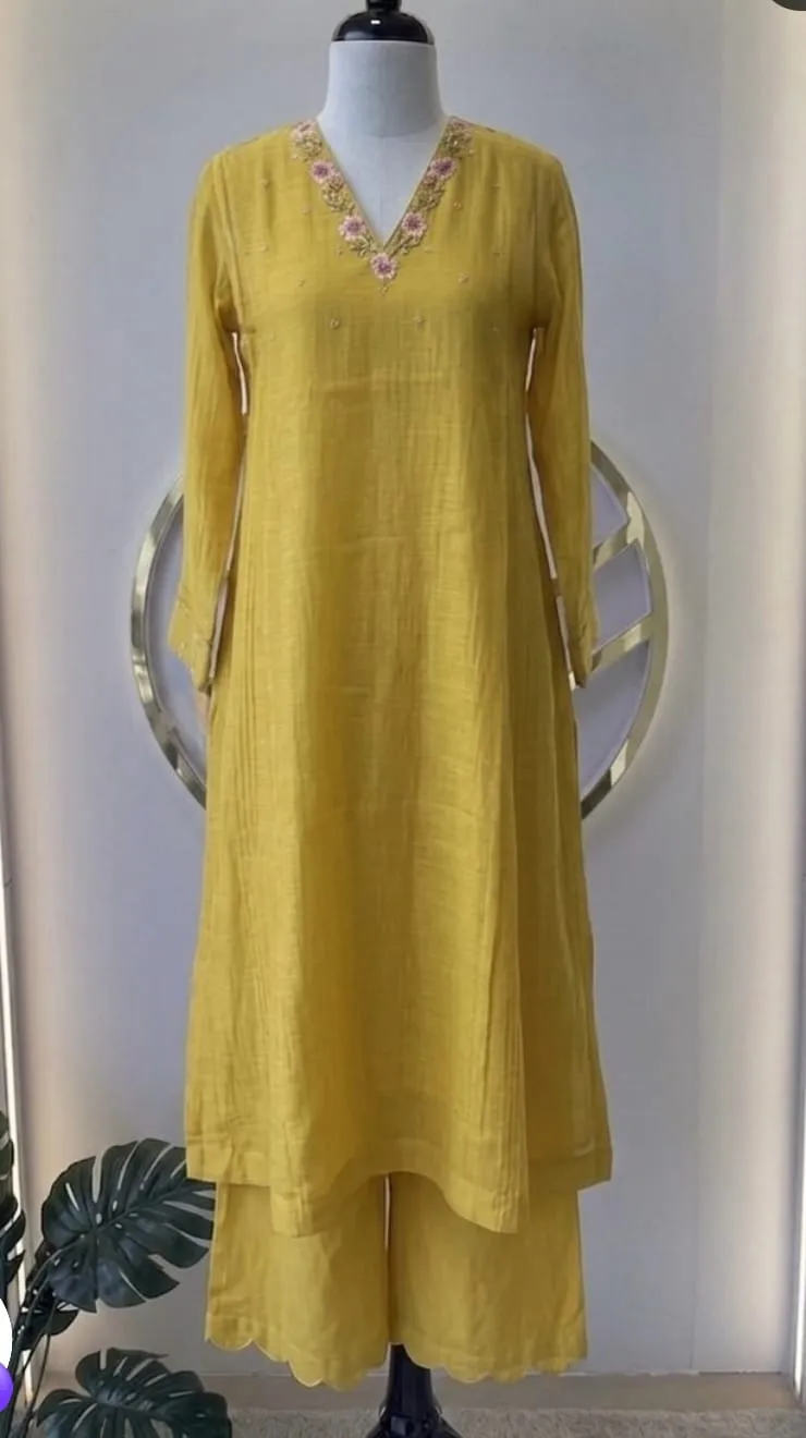 Mustard Yellow Chanderi Kurta Palazzo Set with Floral Embroidered V-Neck & Scalloped Hem Pants – Haldi & Festive Wear