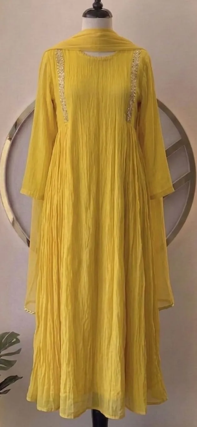 Mustard Yellow Crinkled Silk Anarkali Suit Set with Embroidered Yoke & Chiffon Dupatta | Haldi Outfit for Women 1