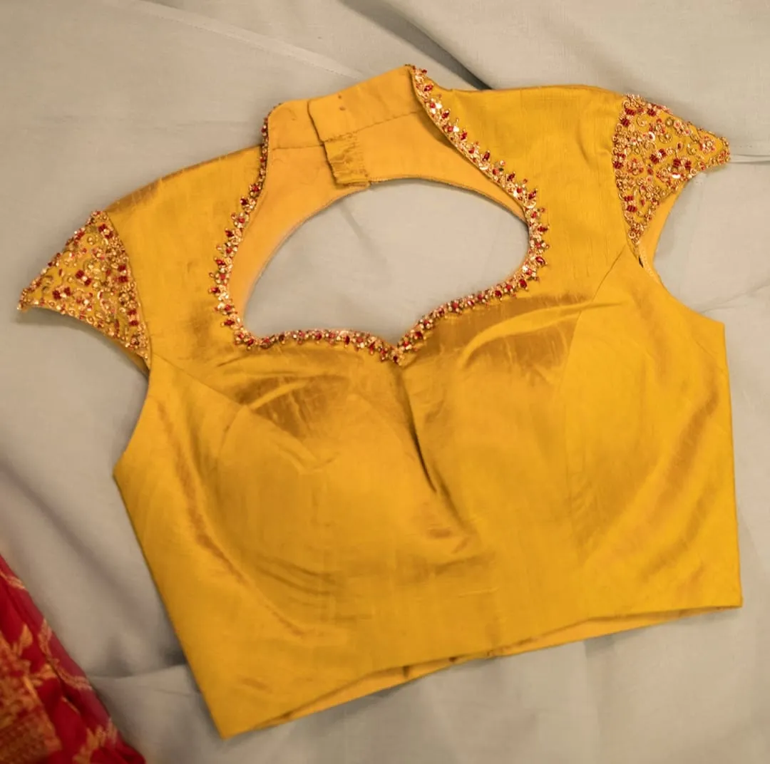 Mustard Yellow High Neck Silk Blouse with Cutout Back | Hand Embroidered Zari & Stone Work Saree Blouse