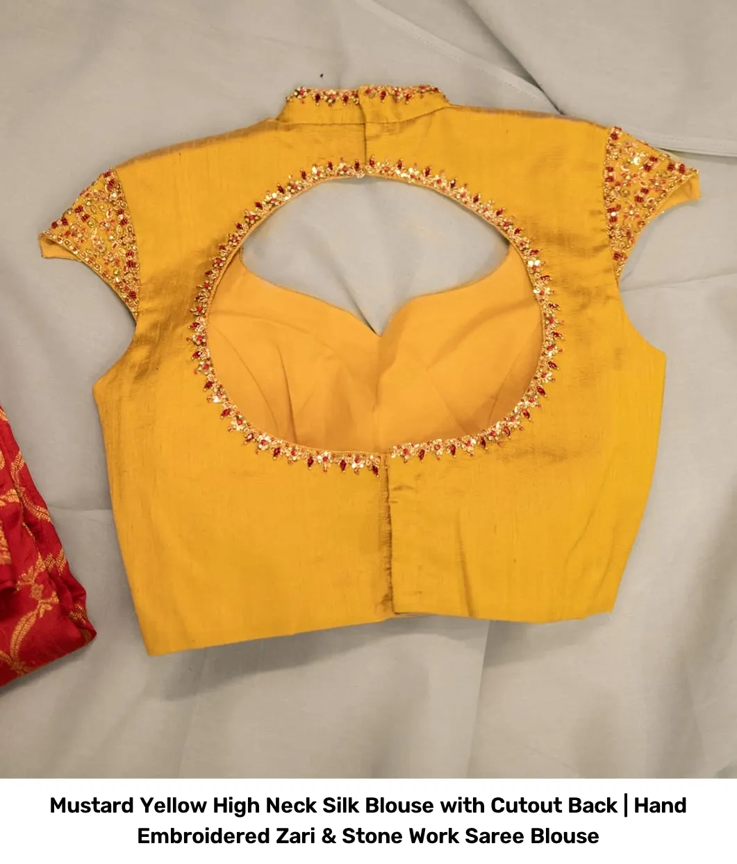 Mustard Yellow High Neck Silk Blouse with Cutout Back | Hand Embroidered Zari & Stone Work Saree Blouse 2
