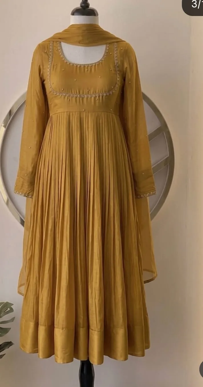 Mustard Yellow Pleated Anarkali Suit Set with Dupatta | Designer Ethnic Wear 1