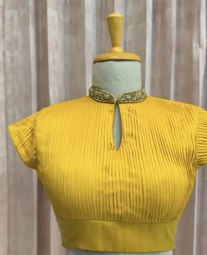 Mustard Yellow Pleated Designer Silk Blouse with High Neck & Zardosi Work | Buy Readymade Blouses Online