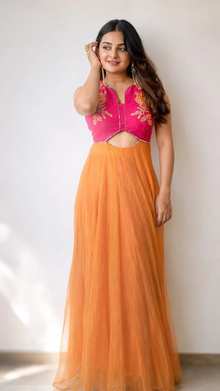 Mustard Yellow & Rani Pink Anarkali Gown – Embroidered Cut-Out Waist Sleeveless Georgette Flared Maxi Dress
