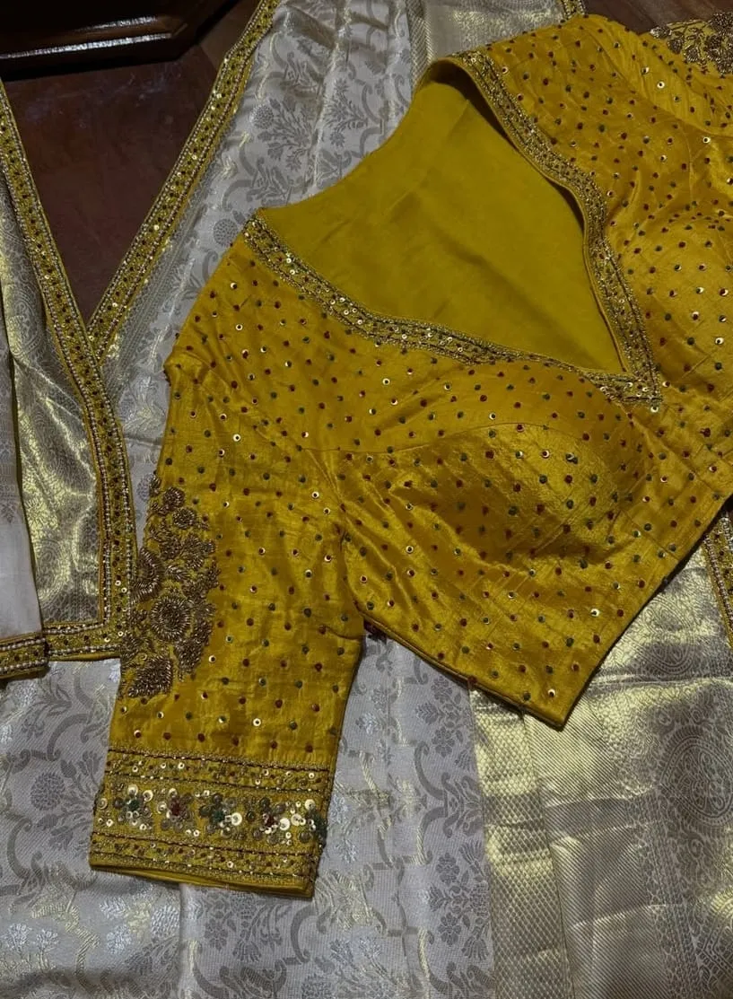 Mustard Yellow Raw Silk Blouse with Handcrafted Antique Zardozi Sleeve Motifs & Sequin Borders – Ready to Wear / Custom Stitch