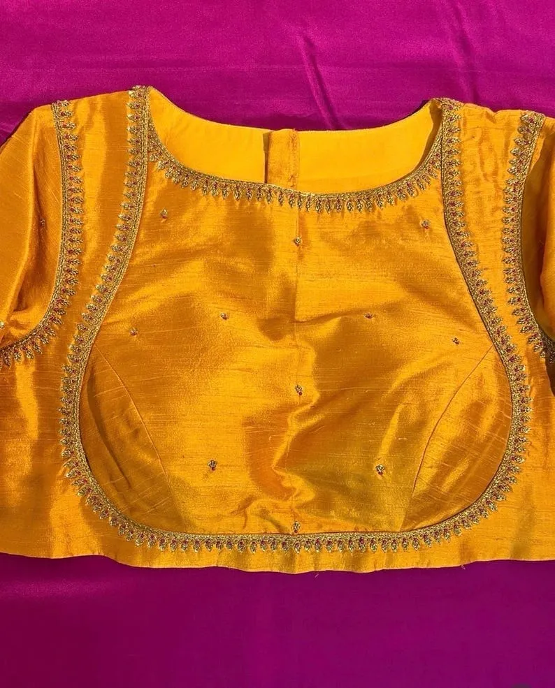Mustard Yellow Raw Silk Maggam Work Blouse | Princess Cut Bridal Aari Hand Embroidered Saree Blouse