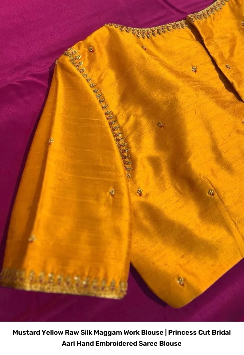 Mustard Yellow Raw Silk Maggam Work Blouse | Princess Cut Bridal Aari Hand Embroidered Saree Blouse 2