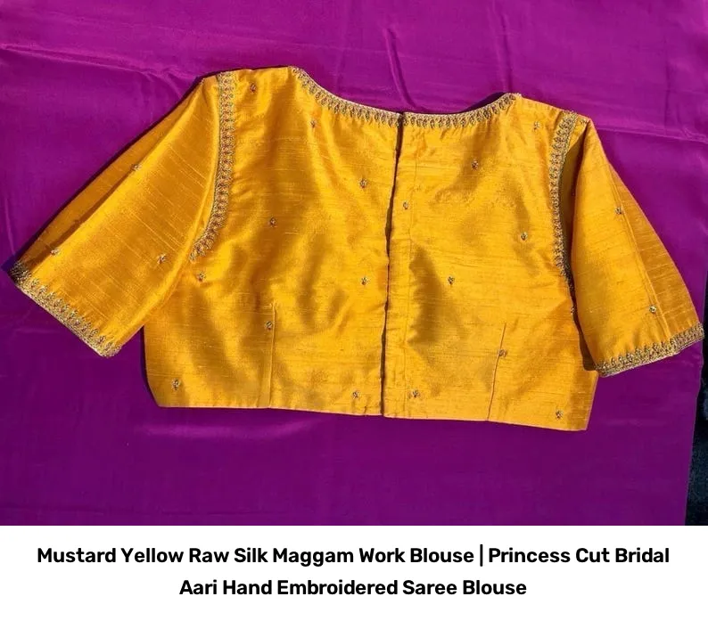 Mustard Yellow Raw Silk Maggam Work Blouse | Princess Cut Bridal Aari Hand Embroidered Saree Blouse 3