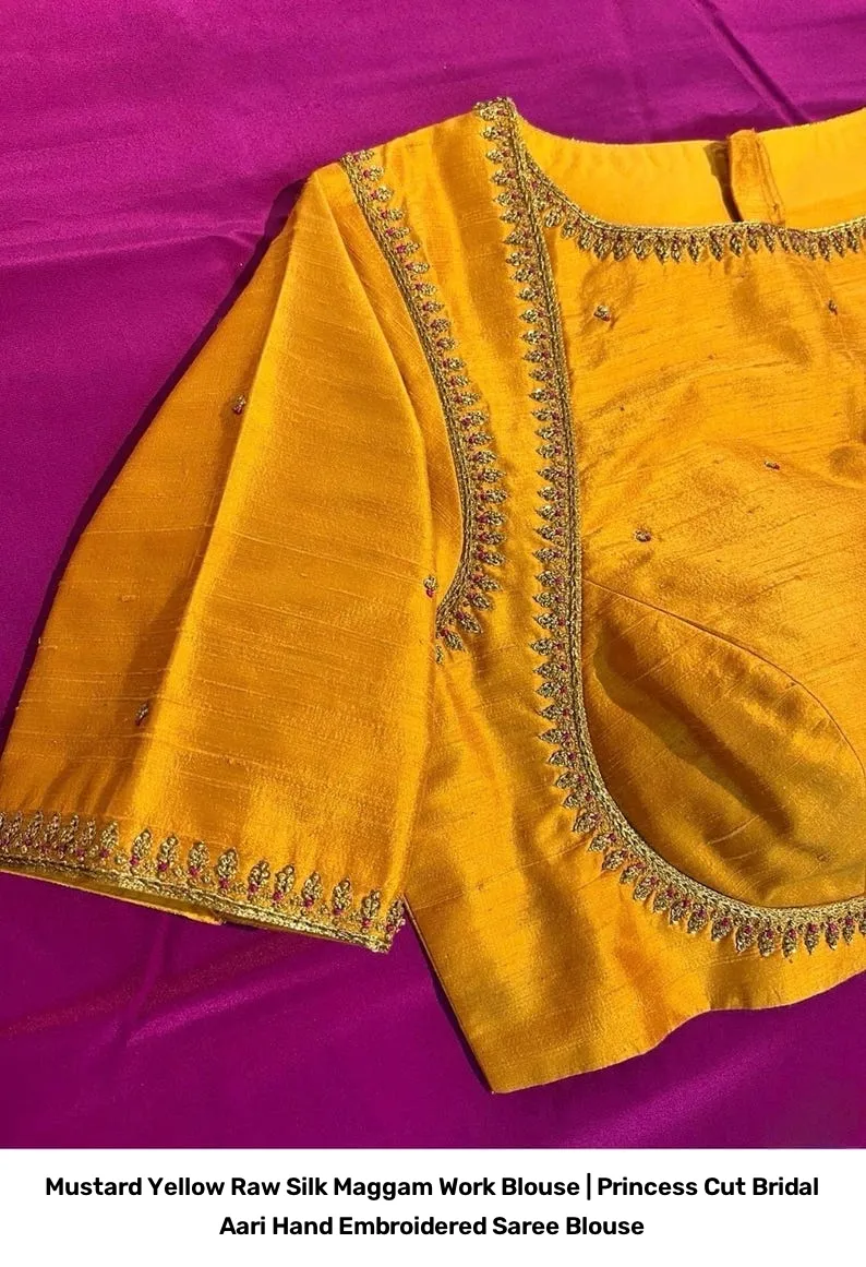 Mustard Yellow Raw Silk Maggam Work Blouse | Princess Cut Bridal Aari Hand Embroidered Saree Blouse 4