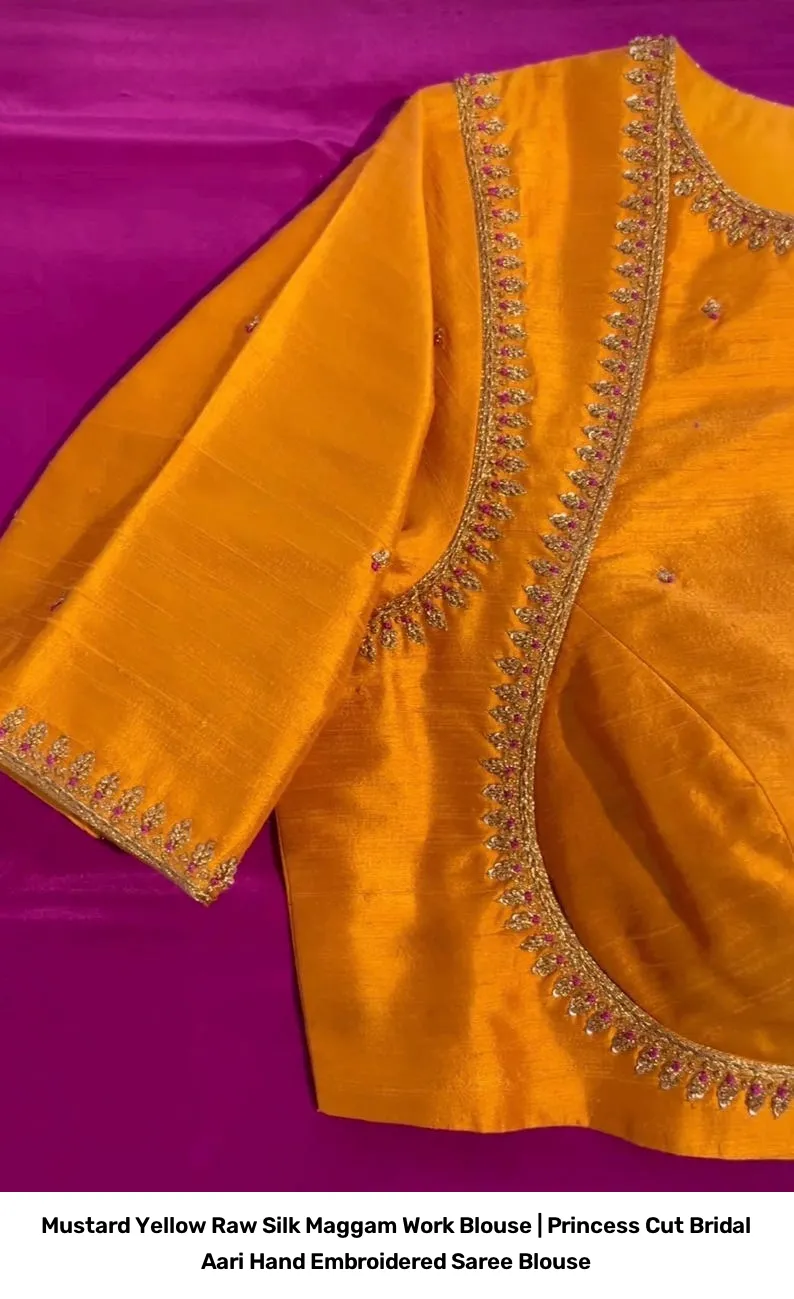 Mustard Yellow Raw Silk Maggam Work Blouse | Princess Cut Bridal Aari Hand Embroidered Saree Blouse 5