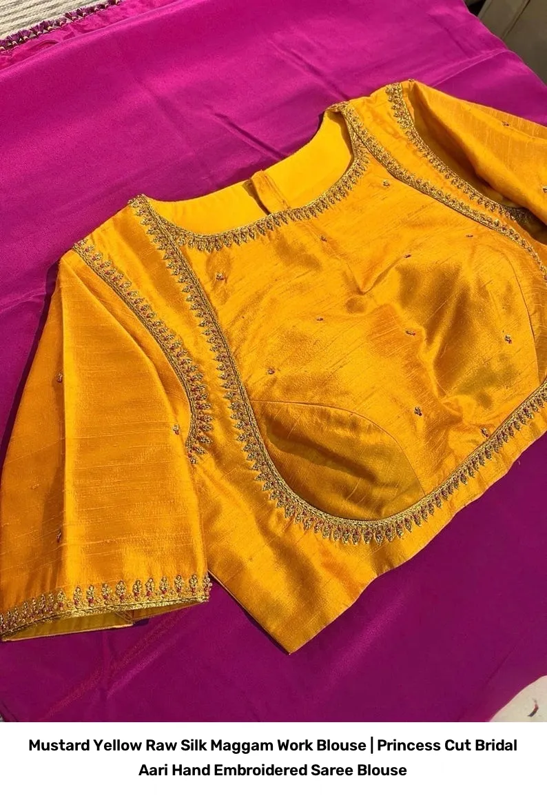 Mustard Yellow Raw Silk Maggam Work Blouse | Princess Cut Bridal Aari Hand Embroidered Saree Blouse 6