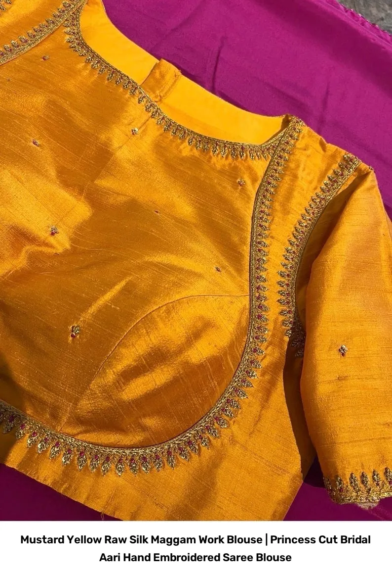 Mustard Yellow Raw Silk Maggam Work Blouse | Princess Cut Bridal Aari Hand Embroidered Saree Blouse 7