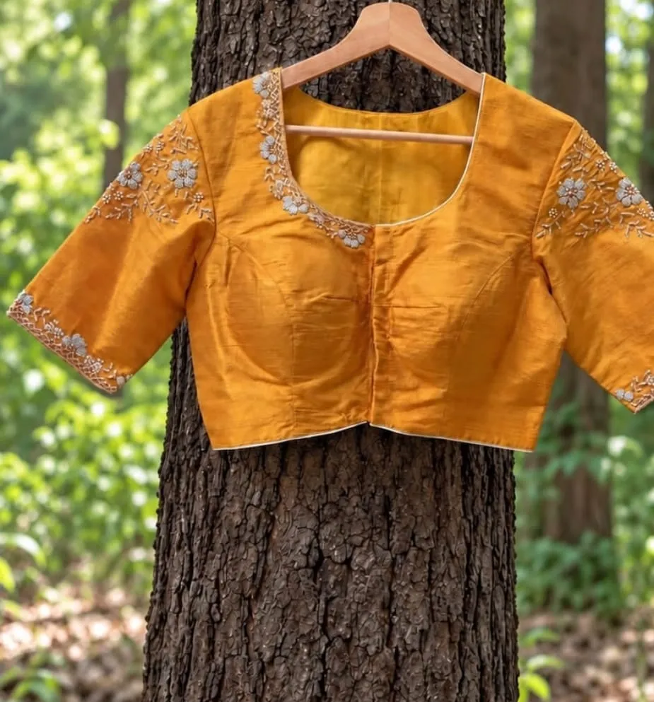 Mustard Yellow Raw Silk Maggam Work Blouse with Square Neck & White Pearl Floral Embroidery