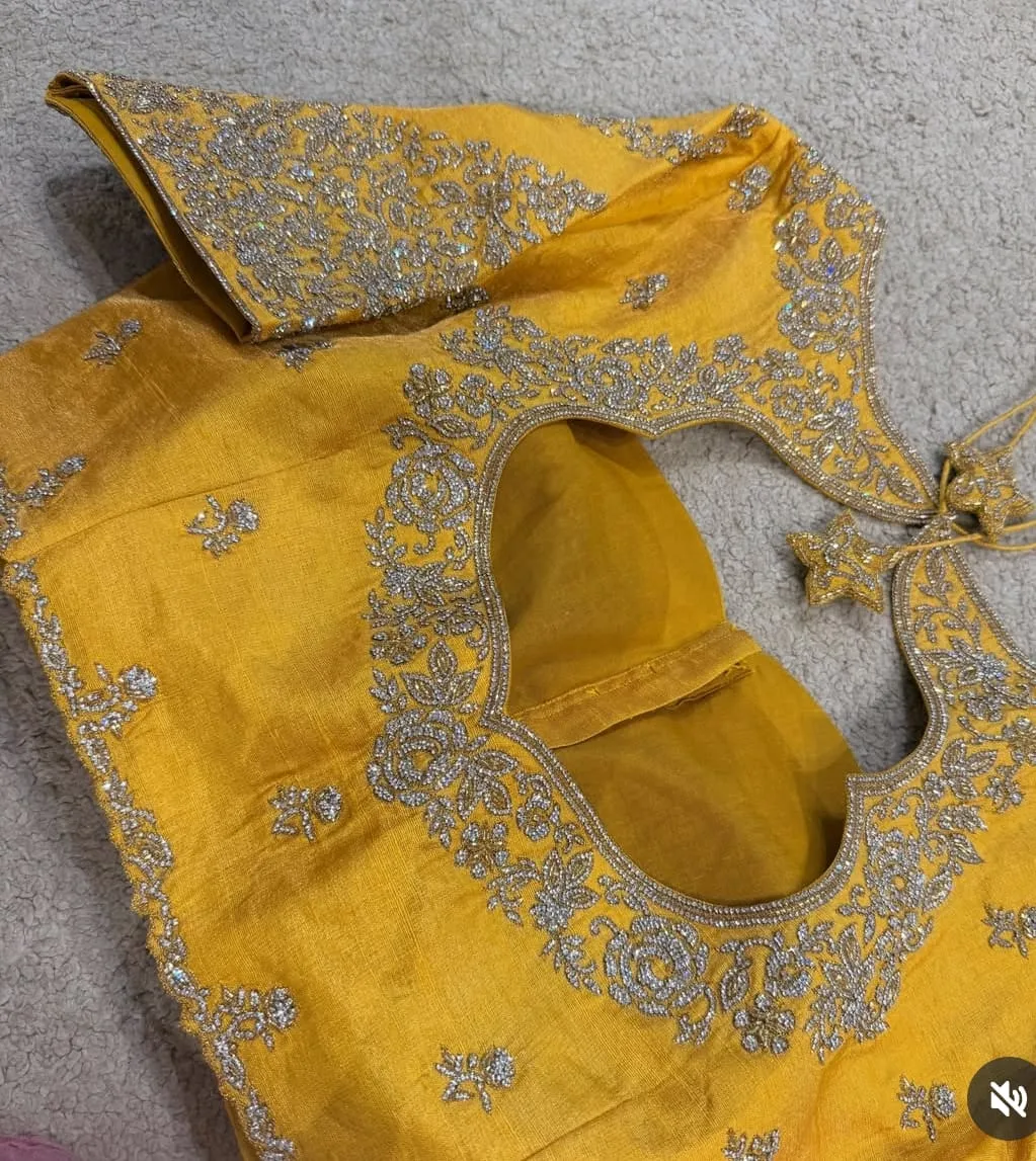 Mustard Yellow Raw Silk Saree Blouse | Silver Zardozi Work Cutout Back Choli