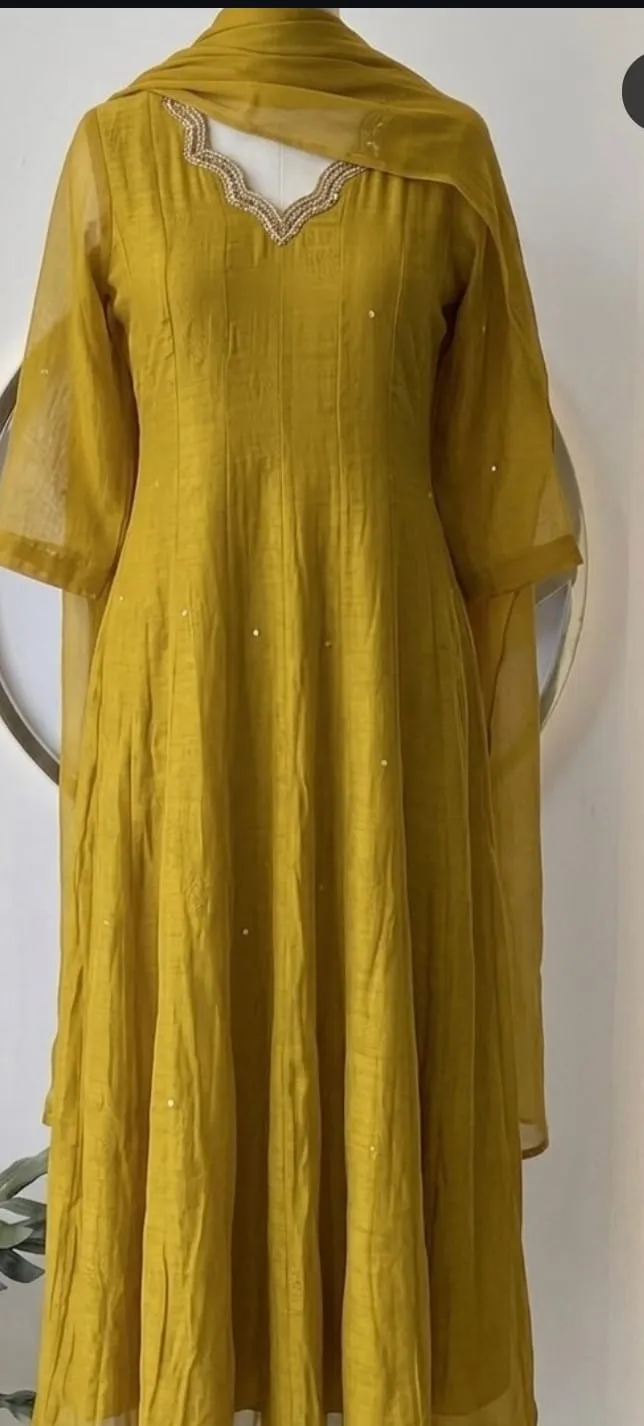 Mustard Yellow Scalloped Neck Anarkali Suit Set with Pearl & Zari Embroidery – Haldi & Festive Wear