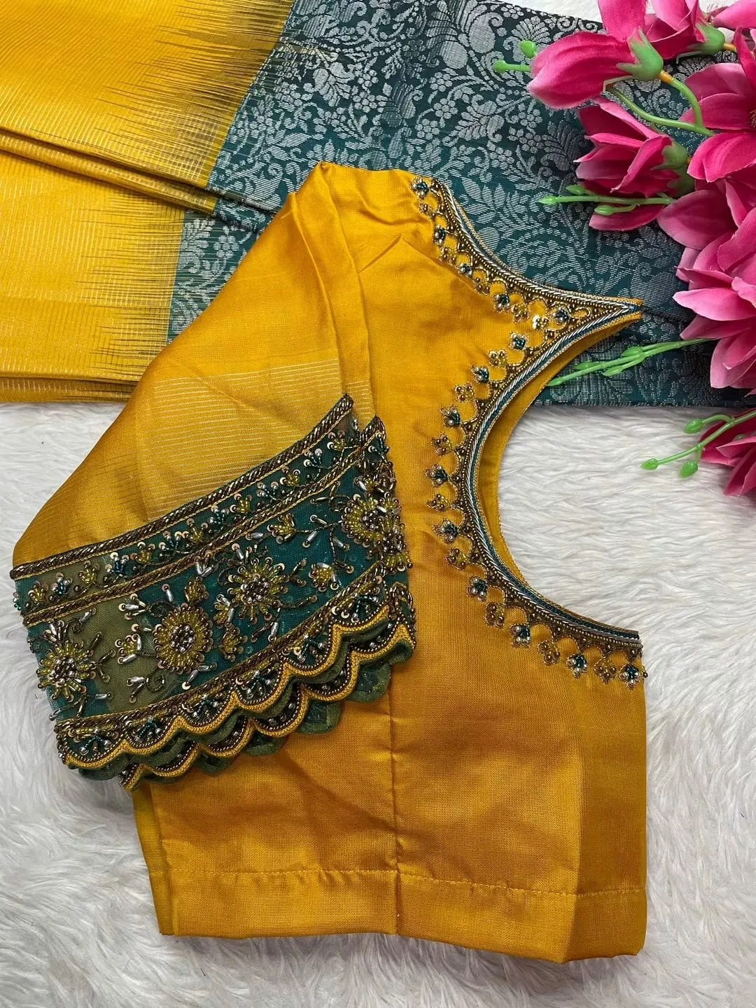 Mustard Yellow Silk Blouse – Scallop Cutwork Border & Bottle Green Contrast Aari Work Designer Saree Blouse