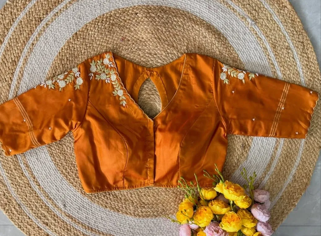Mustard Yellow Silk Designer Blouse with Keyhole Back and Hand Embroidery | Readymade Blouses 1