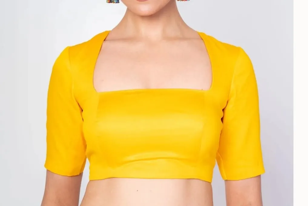 Mustard Yellow Silk Readymade Saree Blouse – Broad Square Neck Cut-Out Back Designer Crop Top 1