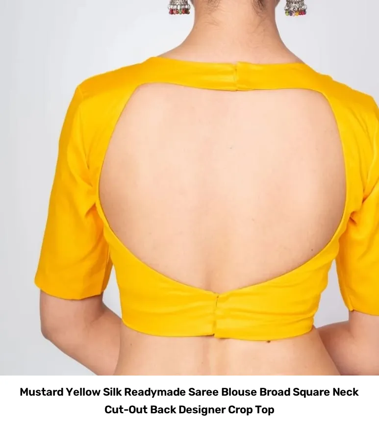 Mustard Yellow Silk Readymade Saree Blouse – Broad Square Neck Cut-Out Back Designer Crop Top 2